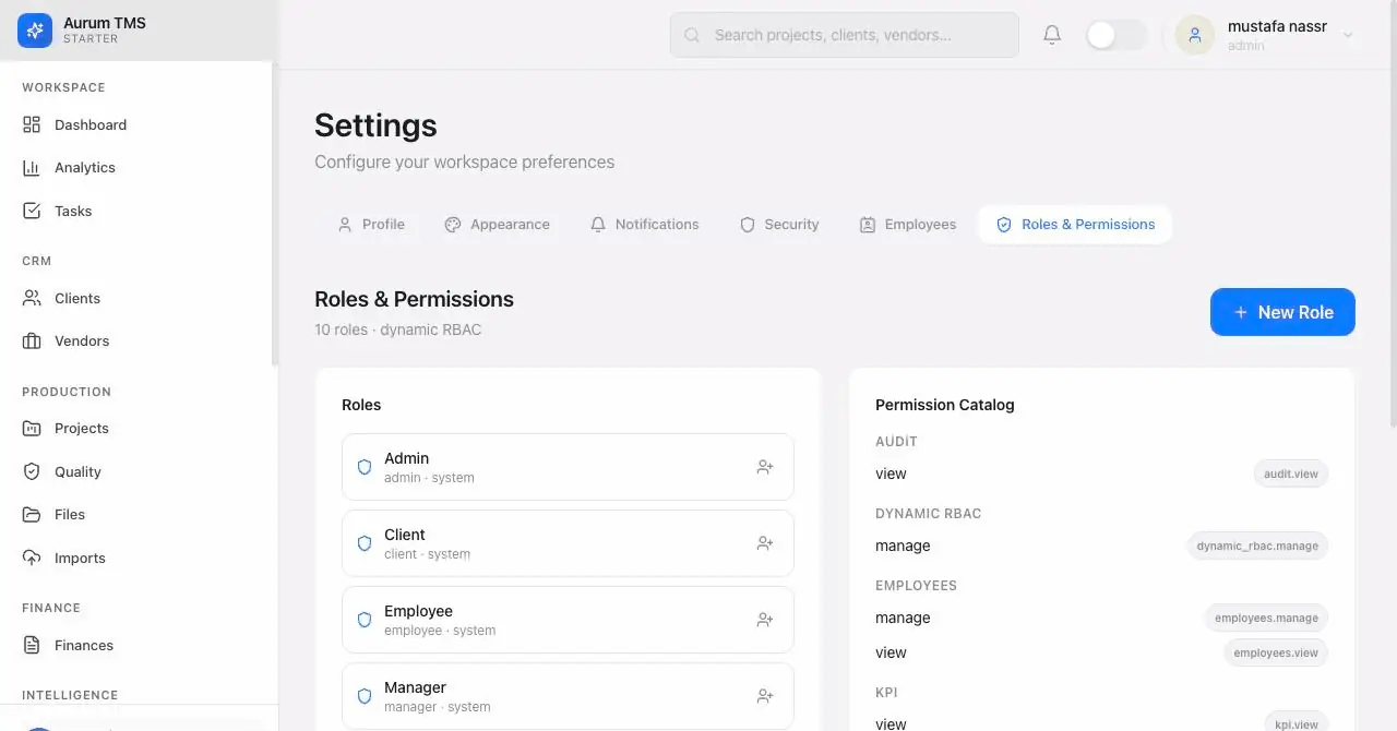 The Glosseum roles and permissions screen.